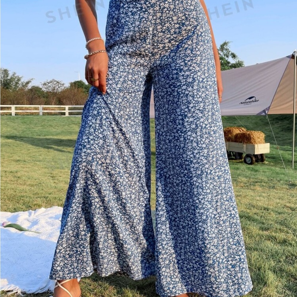 SHEIN WYWH Spring Break Ditsy Floral Print High Waist Wide Leg Pants